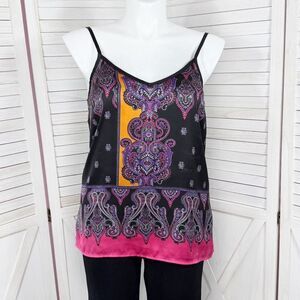 Express Damask‎ Paisley Satin Camisole Tank Top Black Pink Multi Large Y2K Boho